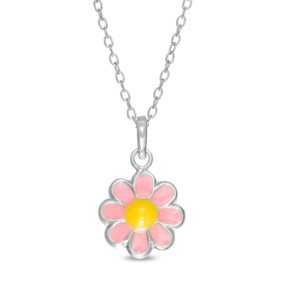 Child's Pink and Yellow Enamel Flower Pendant in Sterling Silver - 15"