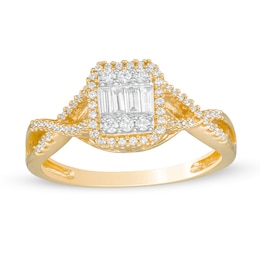 1/3 CT. T.W. Baguette and Round Composite Diamond Octagonal Frame Twist Shank Engagement Ring in 10K Gold