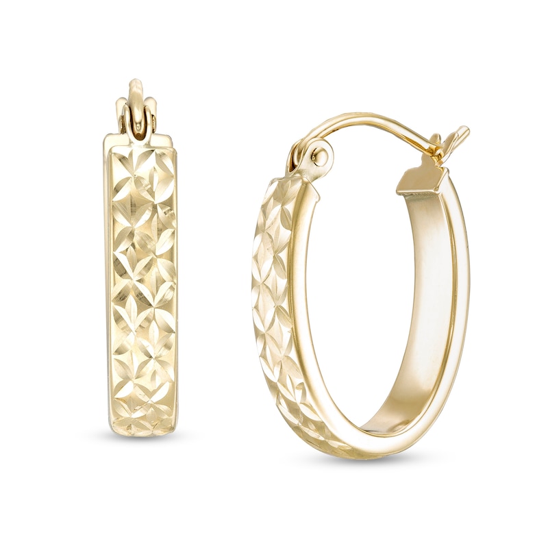 Main Image 1 of 12.5 x 18mm Diamond-Cut &quot;X&quot; Oval Flat Hoop Earrings in 10K Tube Hollow Gold