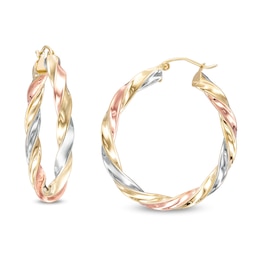 35mm Ribbon Twist Hoop Earrings in 10K Tube Hollow Tri-Tone Gold