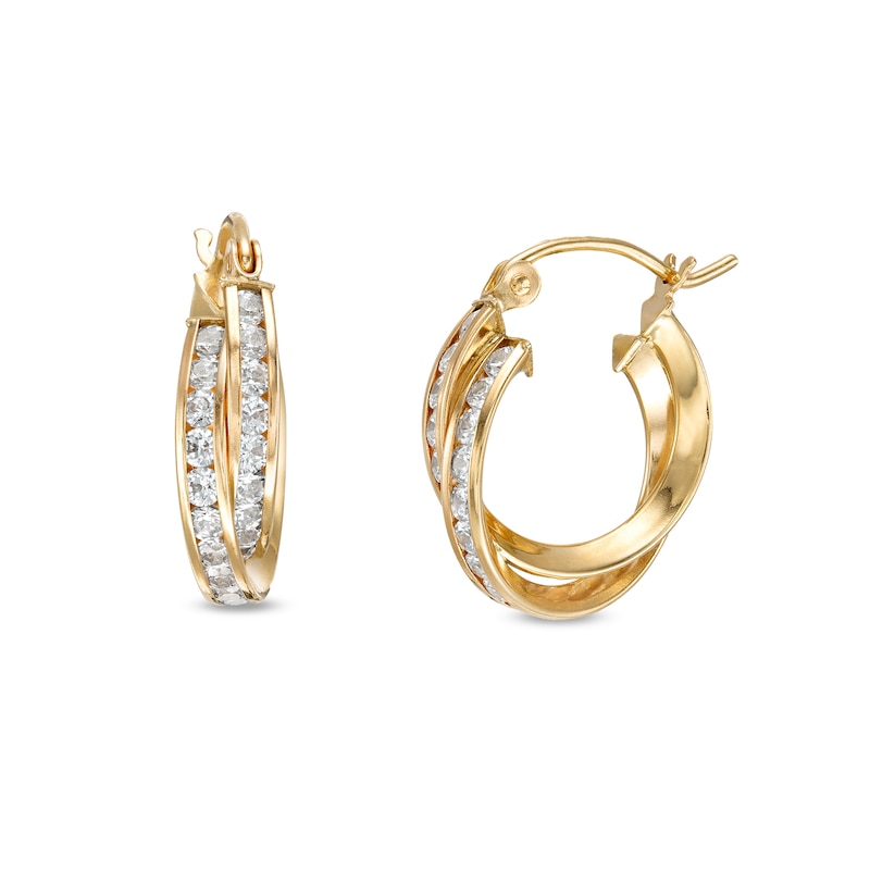 Main Image 1 of Cubic Zirconia Channel 15mm Triangular Twisted Double Hoop Earrings in 10K Tube Hollow Gold