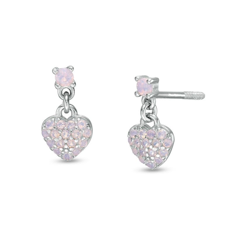 Child's Lab-Created Pink Opal Heart Drop Earrings in Sterling Silver