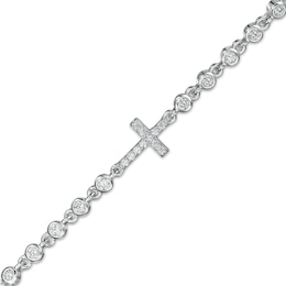 Cubic Zirconia Sideways Cross with Bezel-Set Side Accent Anklet in Sterling Silver - 10&quot;
