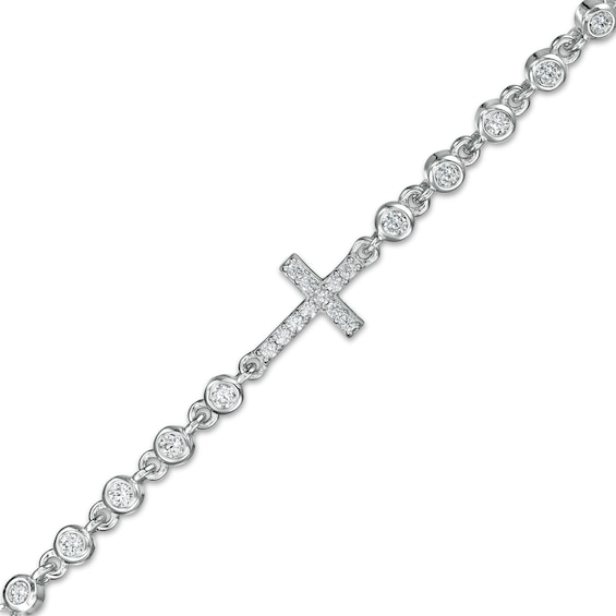 Cubic Zirconia Sideways Cross with Bezel-Set Side Accent Anklet in Sterling Silver - 10"