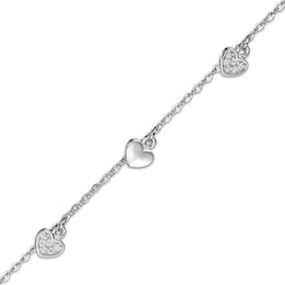 Cubic Zirconia Composite and Polished Heart Alternating Dangle Station Anklet in Sterling Silver - 10&quot;