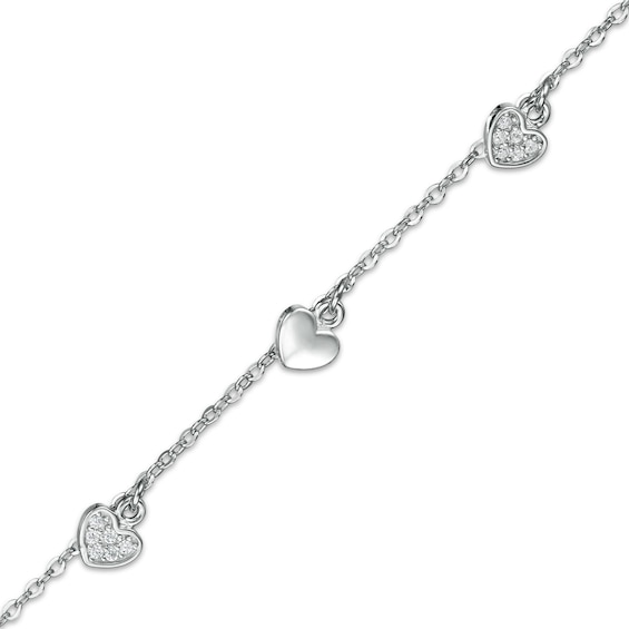 Cubic Zirconia Composite and Polished Heart Alternating Dangle Station Anklet in Sterling Silver - 10"