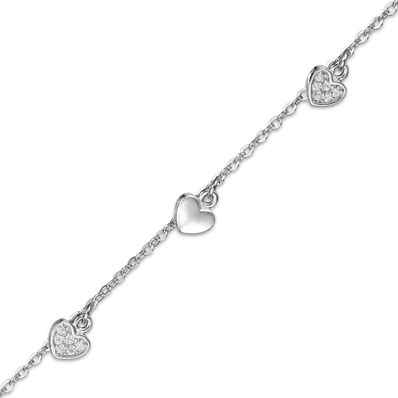 Main Image 1 of Cubic Zirconia Composite and Polished Heart Alternating Dangle Station Anklet in Sterling Silver - 10&quot;