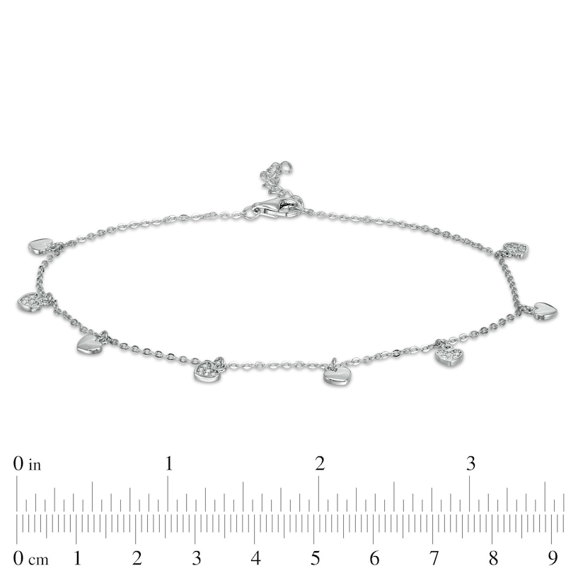 Main Image 3 of Cubic Zirconia Composite and Polished Heart Alternating Dangle Station Anklet in Sterling Silver - 10&quot;