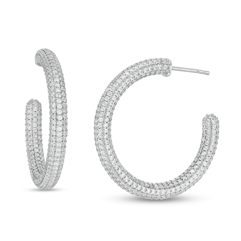 Main Image 1 of Cubic Zirconia Pavé Tube J-Hoop Earrings in Sterling Silver