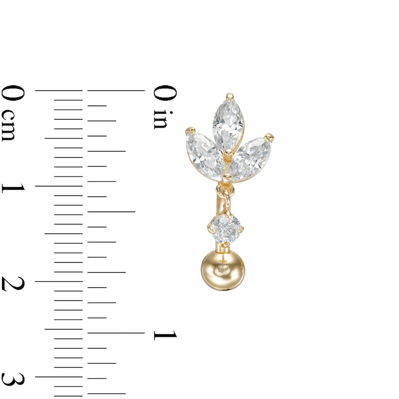 014 Gauge Marquise and Round Cubic Zirconia Tri-Leaf Dangle Accent Top Down Belly Button Ring in 10K Gold