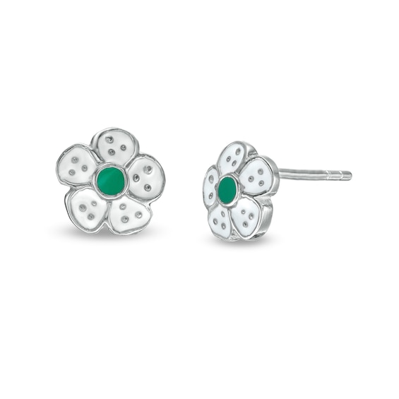 Child's Green and White Enamel Flower Stud Earrings in Sterling Silver