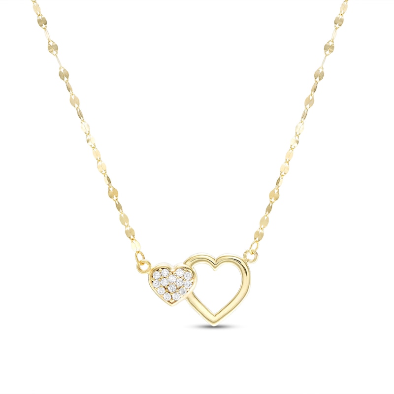 Main Image 1 of Child's 10K Solid Gold CZ Double Heart Pendant - 13&quot; + 2&quot;