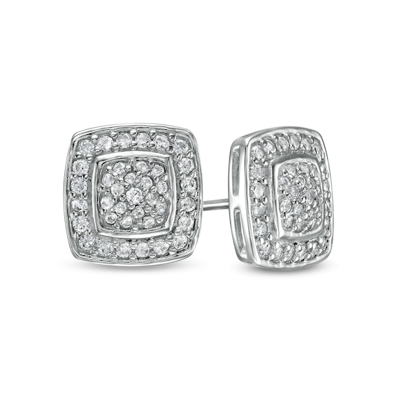 Cubic Zirconia Composite Cushion-Shaped Frame Stud Earrings in Sterling Silver