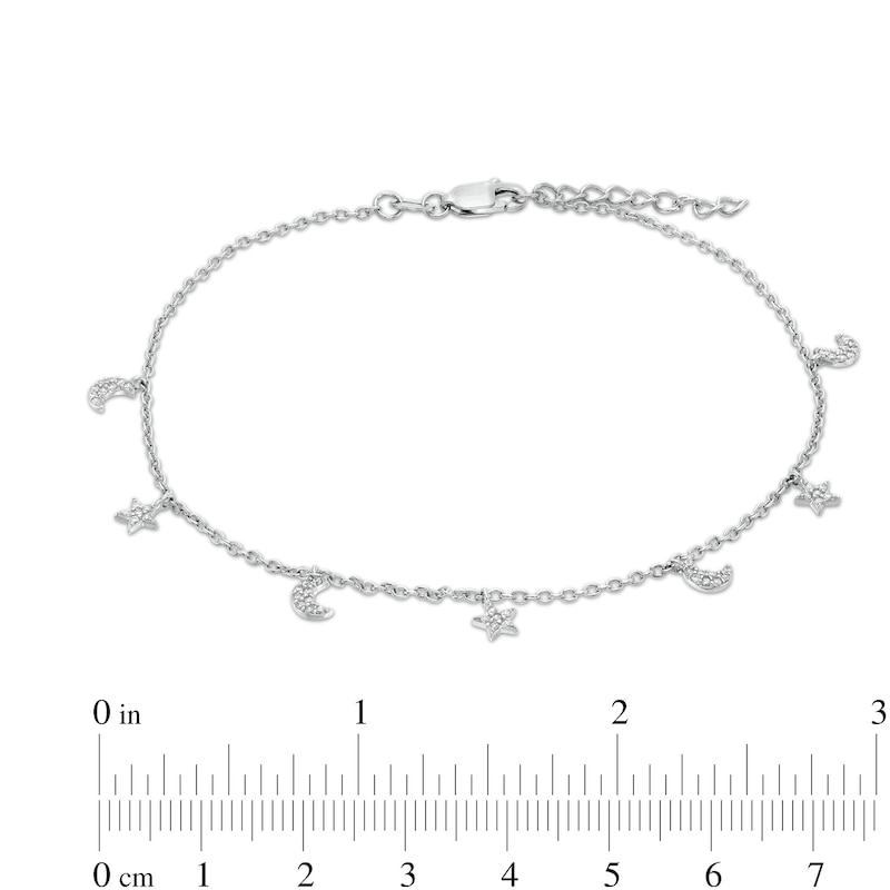 Solid Sterling Silver CZ Moon and Star Charm Anklet