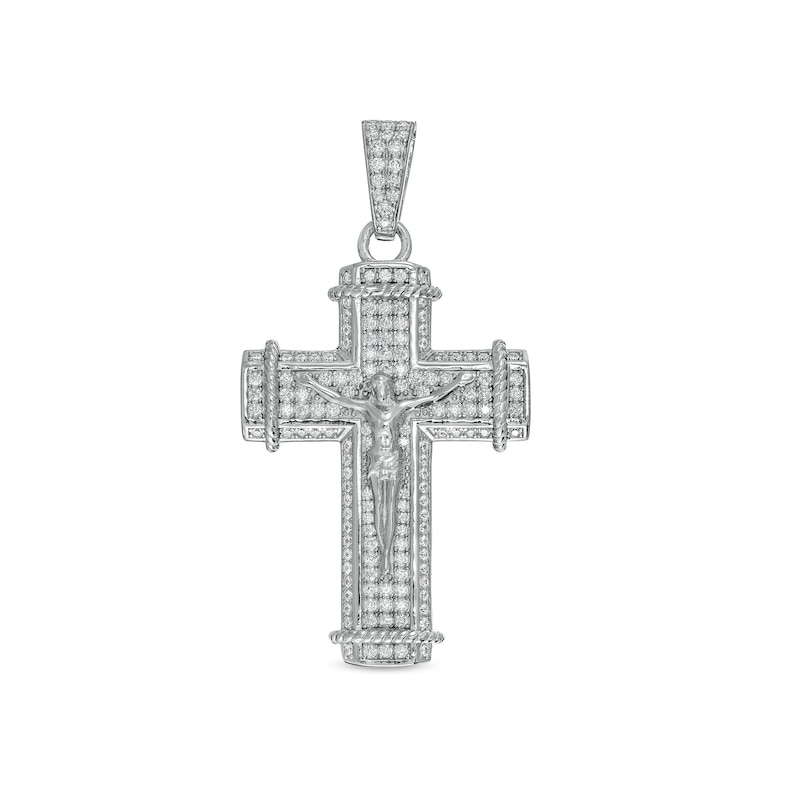 Main Image 1 of Cubic Zirconia Rope-Textured Wrapped Ends Crucifix Necklace Charm in Solid Sterling Silver