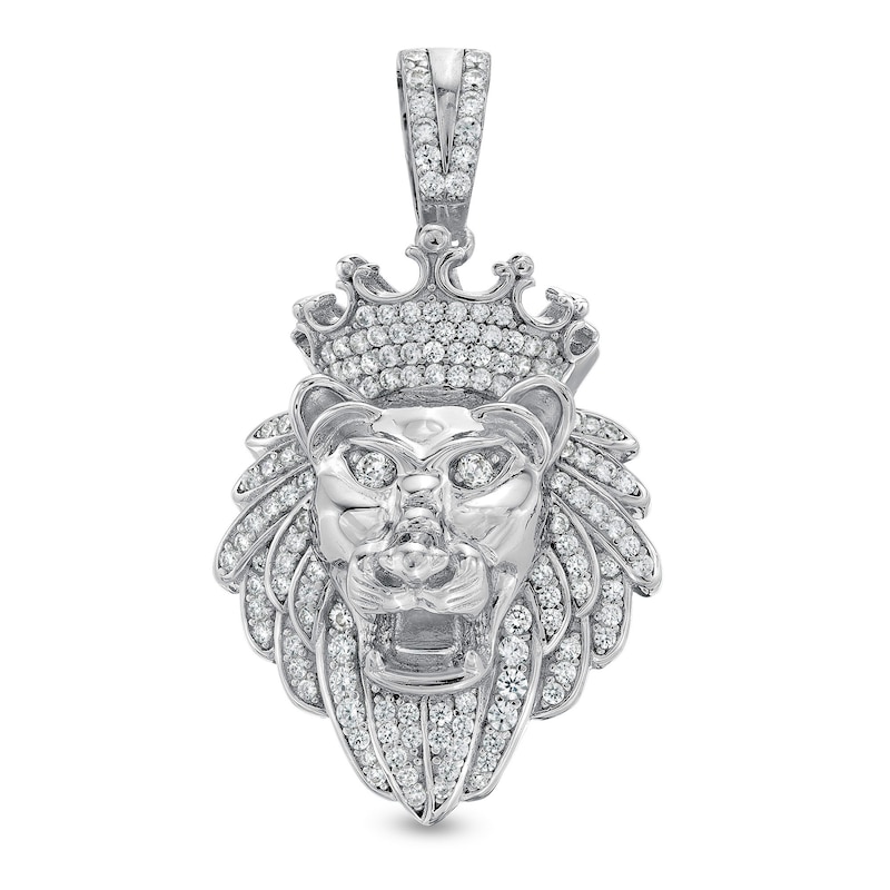 Main Image 1 of Cubic Zirconia Crowned Lion Head Necklace Charm in Solid Sterling Silver