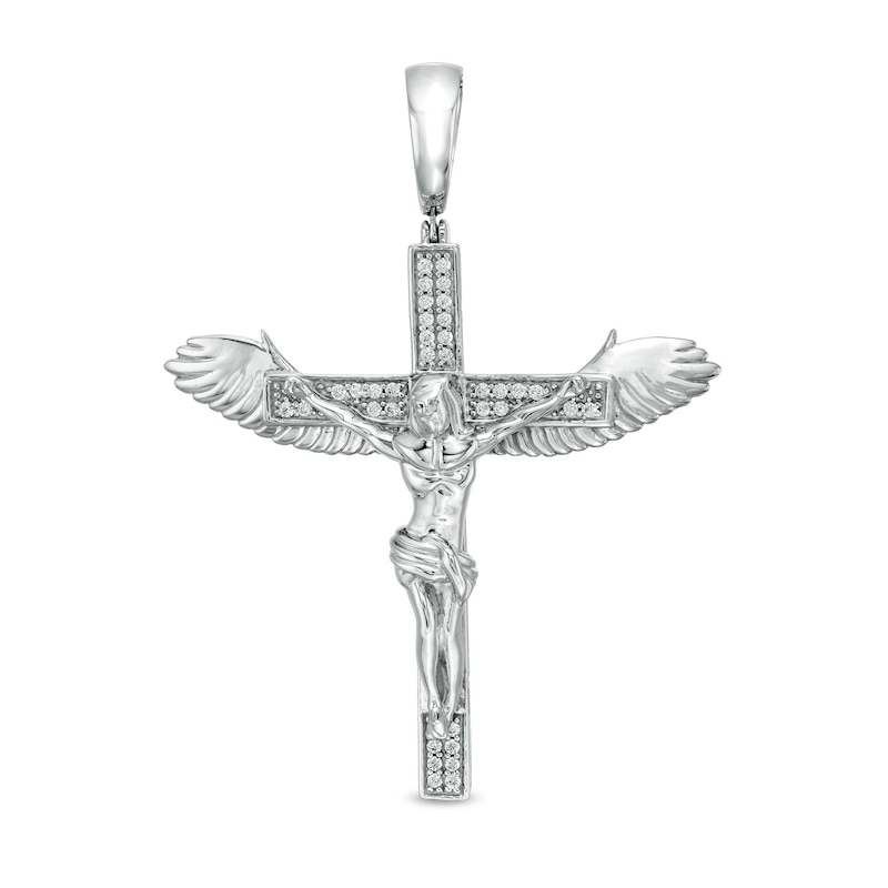 Main Image 1 of Cubic Zirconia Large Crucifix with Wings Necklace Charm in Sterling Silver