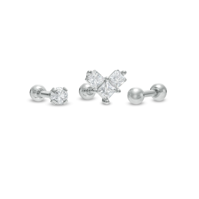 Main Image 1 of 018 Gauge 3mm Cubic Zirconia Solitaire, Chevron and Ball Cartilage Barbell Set in Stainless Steel and Brass