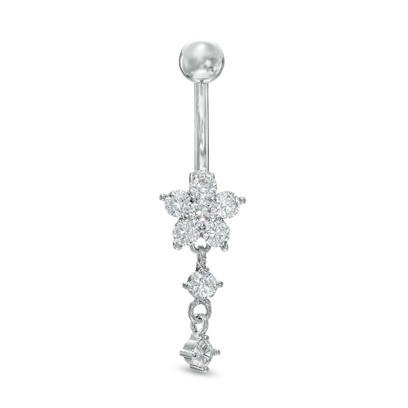 Main Image 1 of 014 Gauge Cubic Zirconia Double Dangle Flower Belly Button Ring in Solid Stainless Steel and Brass