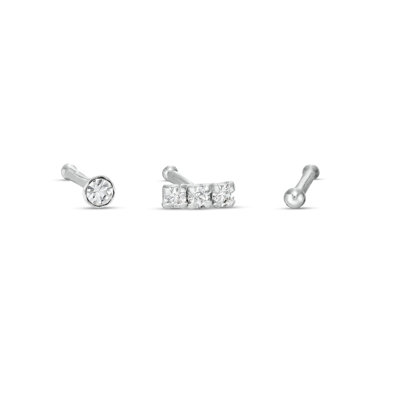 020 Gauge Bezel-Set Crystal Solitaire, Stacked Trio and Ball Nose Stud Set in Sterling Silver