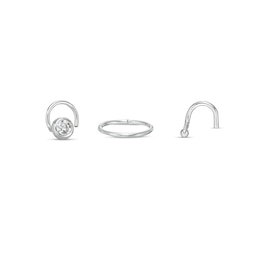 Semi-Solid Sterling Silver Crystal Solitaire, Hoop and Ball Nose Stud and Ring Set - 20G