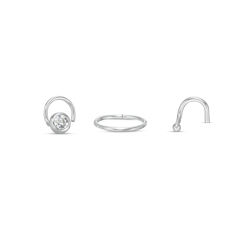 Main Image 1 of Semi-Solid Sterling Silver Crystal Solitaire, Hoop and Ball Nose Stud and Ring Set - 20G