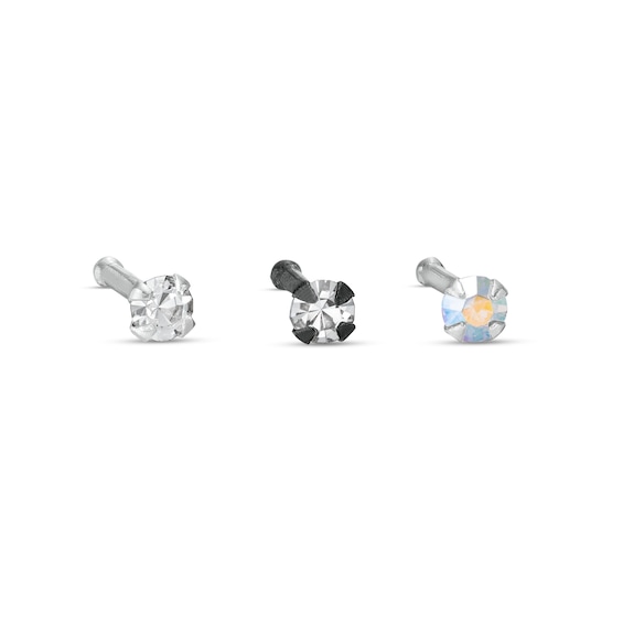 020 Gauge Iridescent and White Cubic Zirconia Solitaire Nose Stud Set in Sterling Silver and Black IP