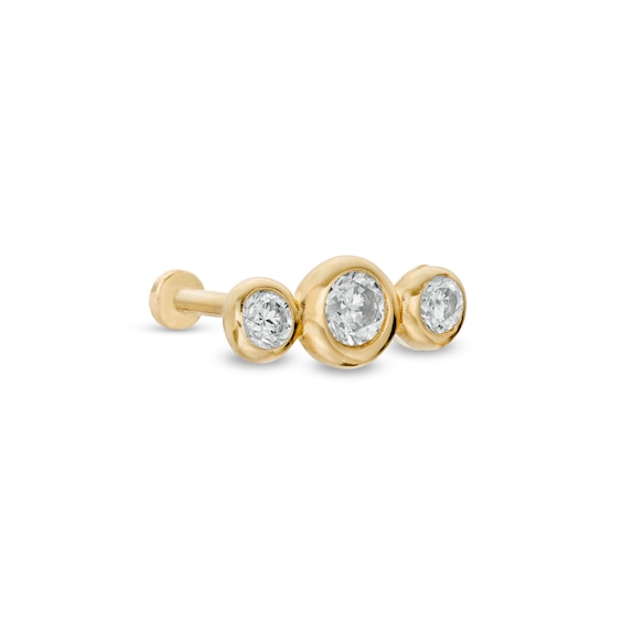 14K Hollow Gold CZ Three-Stone Bezel Stud - 18G 5/16"