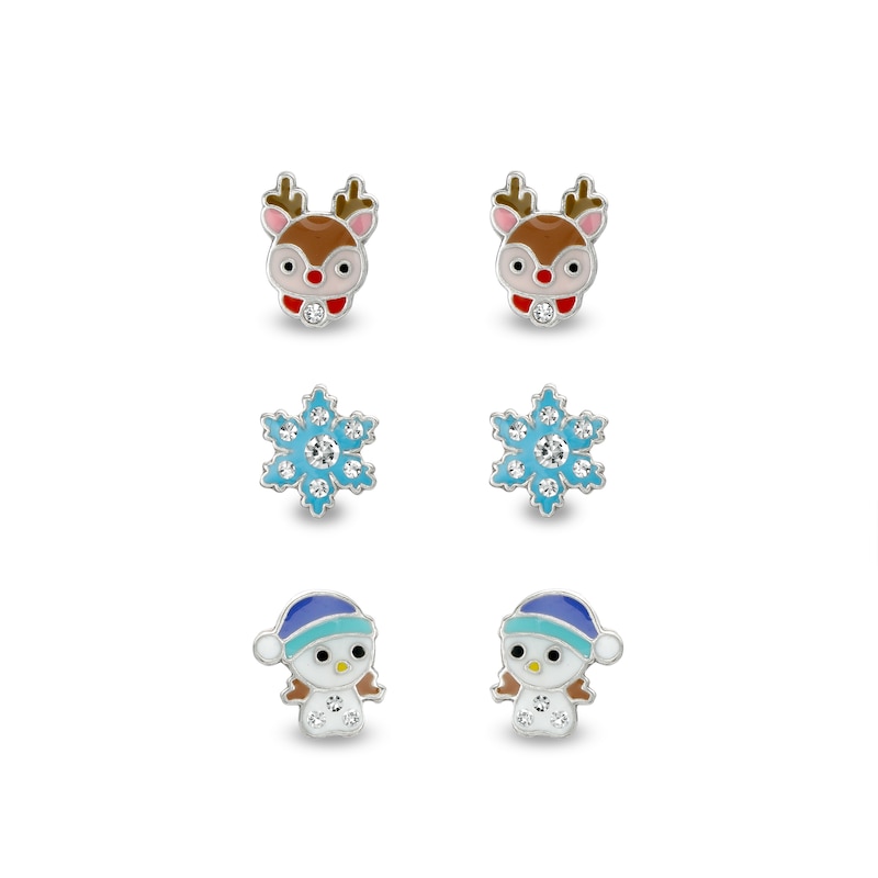Child's Crystal with Multi-Color Enamel Reindeer, Snowflake and Snowman Stud Earrings Set in Sterling Silver
