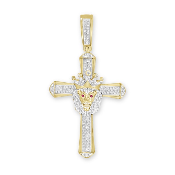1/2 CT. T.W. Diamond and Lab-Created Ruby Crowned Lion Cross Necklace Charm in 10K Gold