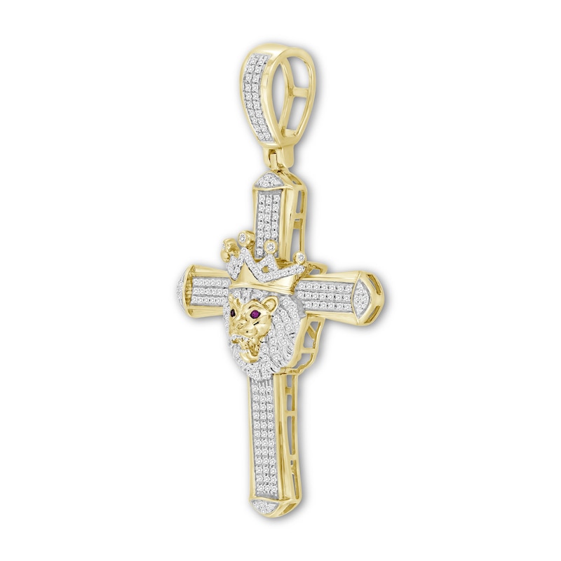 Main Image 2 of 1/2 CT. T.W. Diamond and Lab-Created Ruby Crowned Lion Cross Necklace Charm in 10K Gold