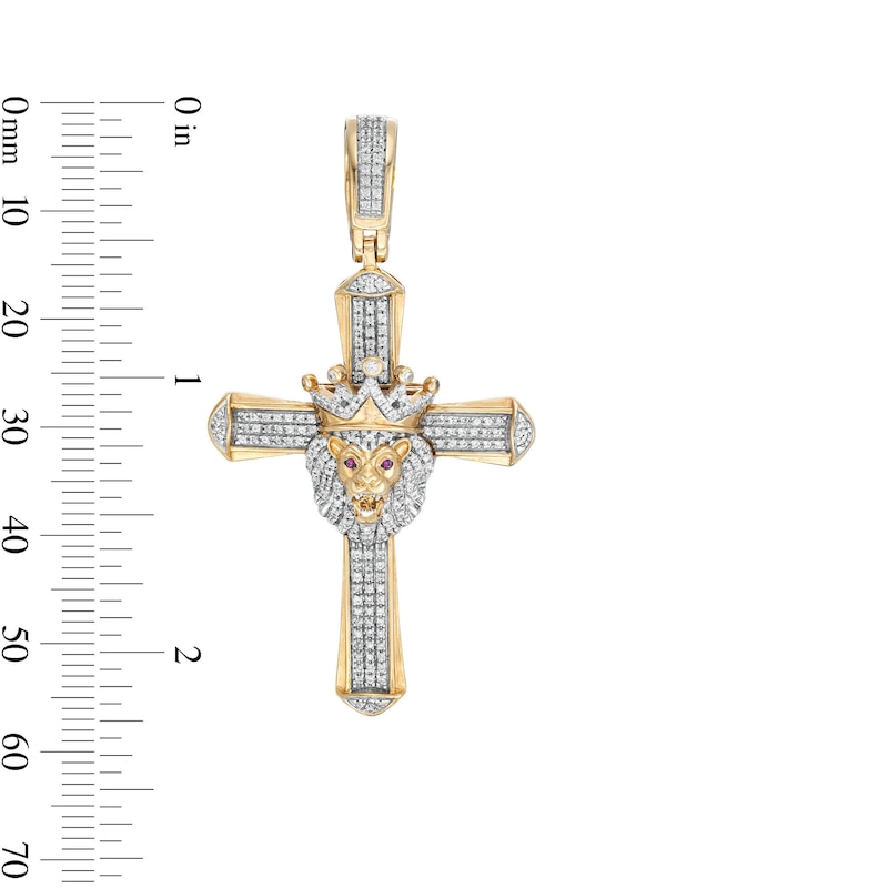 Main Image 3 of 1/2 CT. T.W. Diamond and Lab-Created Ruby Crowned Lion Cross Necklace Charm in 10K Gold