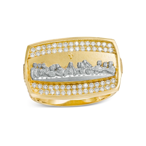 Cubic Zirconia Rectangle-Top Last Supper Triple Row Ribbed Shank Two-Tone Ring in 10K Gold - Size 10