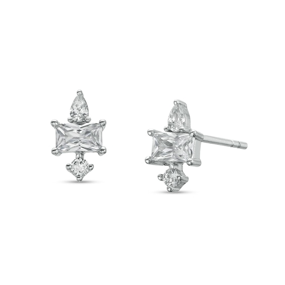 Multi-Shape Cubic Zirconia Trio Linear Cluster Solid Stud Earrings in Sterling Silver
