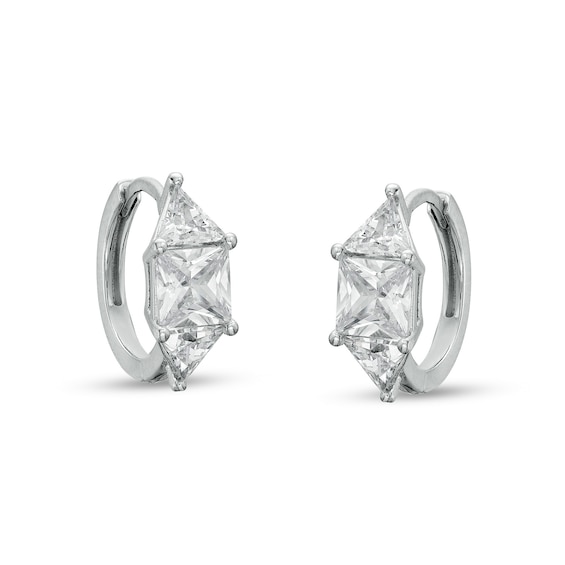 Square-Cut and Trillion-Cut Cubic Zirconia Three Stone Solid Huggie Hoop Earrings in Sterling Silver