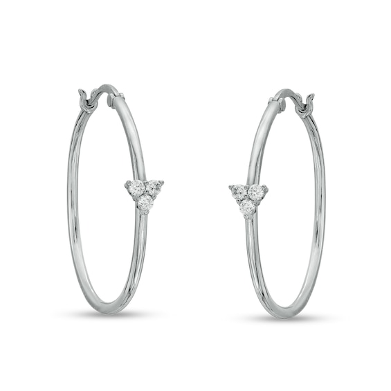 Cubic Zirconia Trio Cluster Solid Hoop Earrings in Hollow Sterling Silver