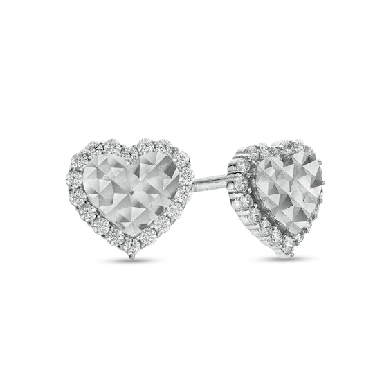 Cubic Zirconia Frame Diamond-Cut Heart Stud Earrings in Sterling Silver