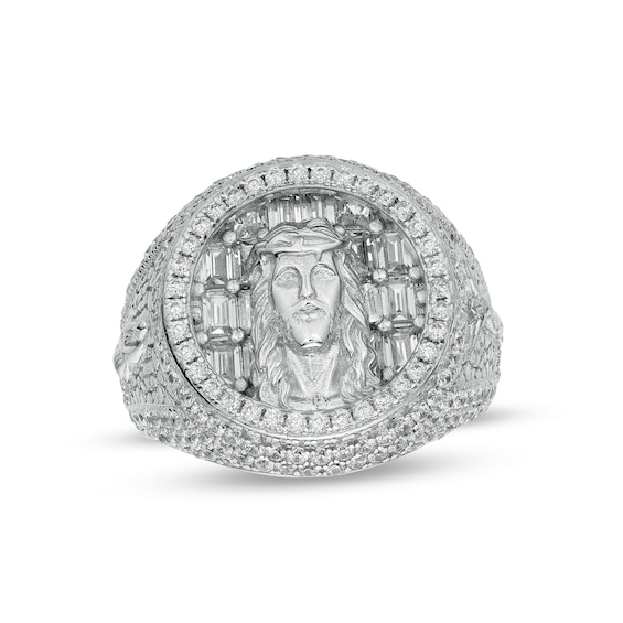 Multi-Shape Cubic Zirconia Frame Jesus Head and Virgin Mary Nugget Ring in Sterling Silver - Size 10