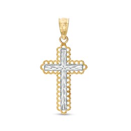 Diamond-Cut Filigree Lace Frame Cross Two-Tone Necklace Charm in 10K Solid Gold