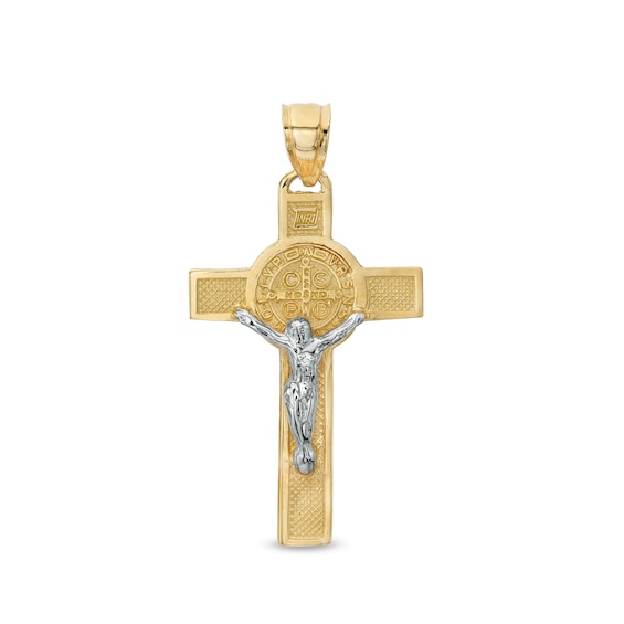 Textured Saint Benedict Crucifix Two-Tone Necklace Charm in 10K Gold