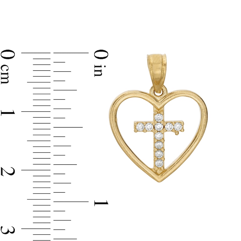 Cubic Zirconia Cross in Heart Outline Necklace Charm in 10K Solid Gold