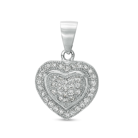 Cubic Zirconia Beaded Cluster Frame Puff Heart Necklace Charm in Solid Sterling Silver