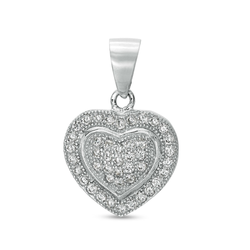 Main Image 1 of Cubic Zirconia Beaded Cluster Frame Puff Heart Necklace Charm in Solid Sterling Silver