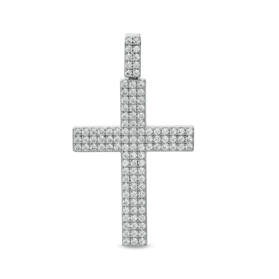 Cubic Zirconia Triple Row Block Cross Necklace Charm in Sterling Silver