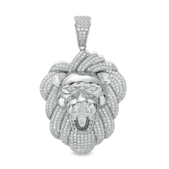 Cubic Zirconia Roaring Lion Head Solid Necklace Charm in Sterling Silver