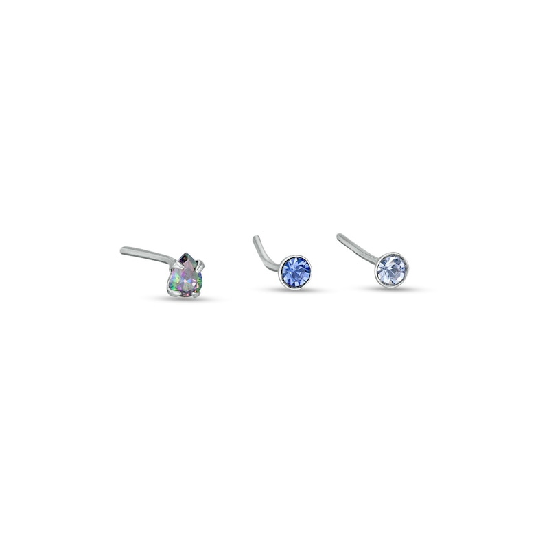 Main Image 1 of 020 Gauge Pear-Shaped Rainbow Green Cubic Zirconia with Blue and Light Blue Nose Stud Set in Sterling Silver