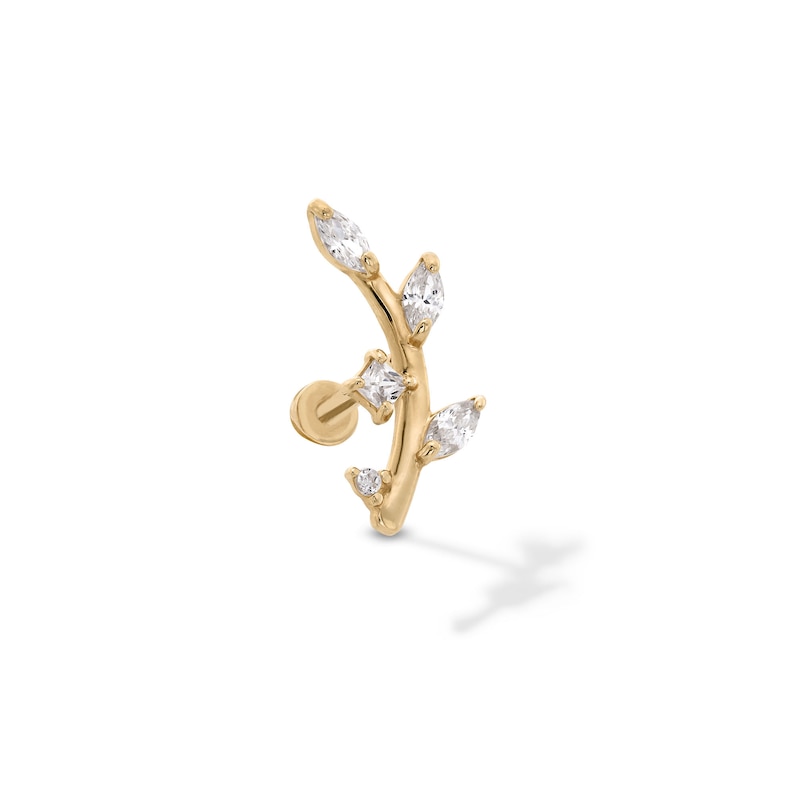 Main Image 1 of 14K Hollow Gold CZ Curved Leafy Branch Stud - 18G 5/16&quot;