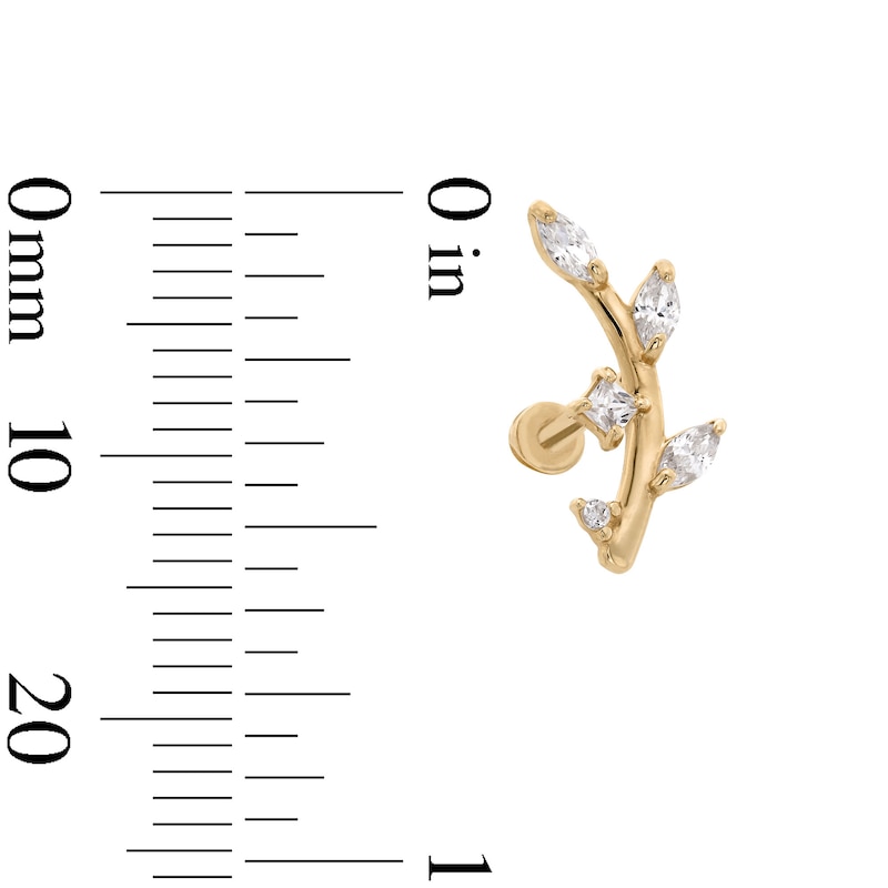 Main Image 2 of 14K Hollow Gold CZ Curved Leafy Branch Stud - 18G 5/16&quot;