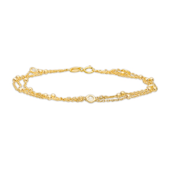 3.5mm Cubic Zirconia Beaded Five Stone Triple Strand Station Bracelet in 10K Gold - 8.0"