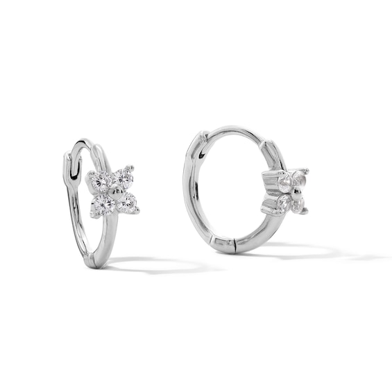 Cubic Zirconia Flower Huggie Hoop Earrings in Sterling Silver